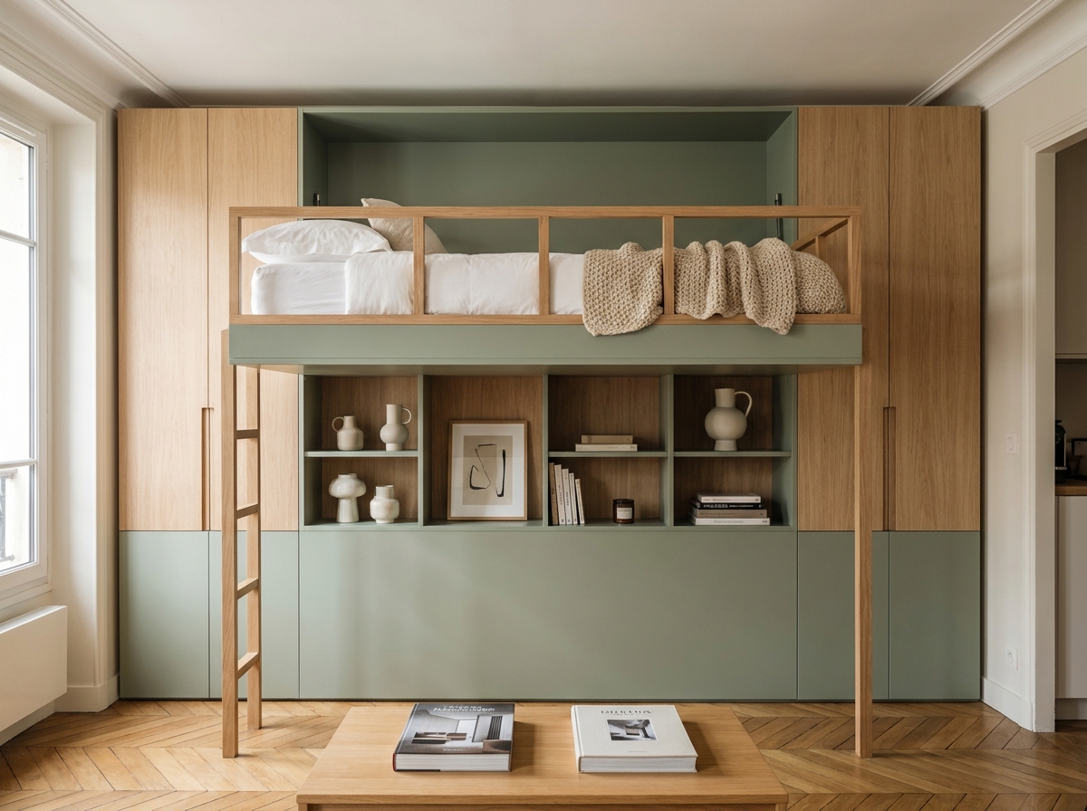 Meuble biblioth&egrave;que avec couchage en hauteur int&eacute;gr&eacute; dans un petit salon pour accueillir des invit&eacute;s