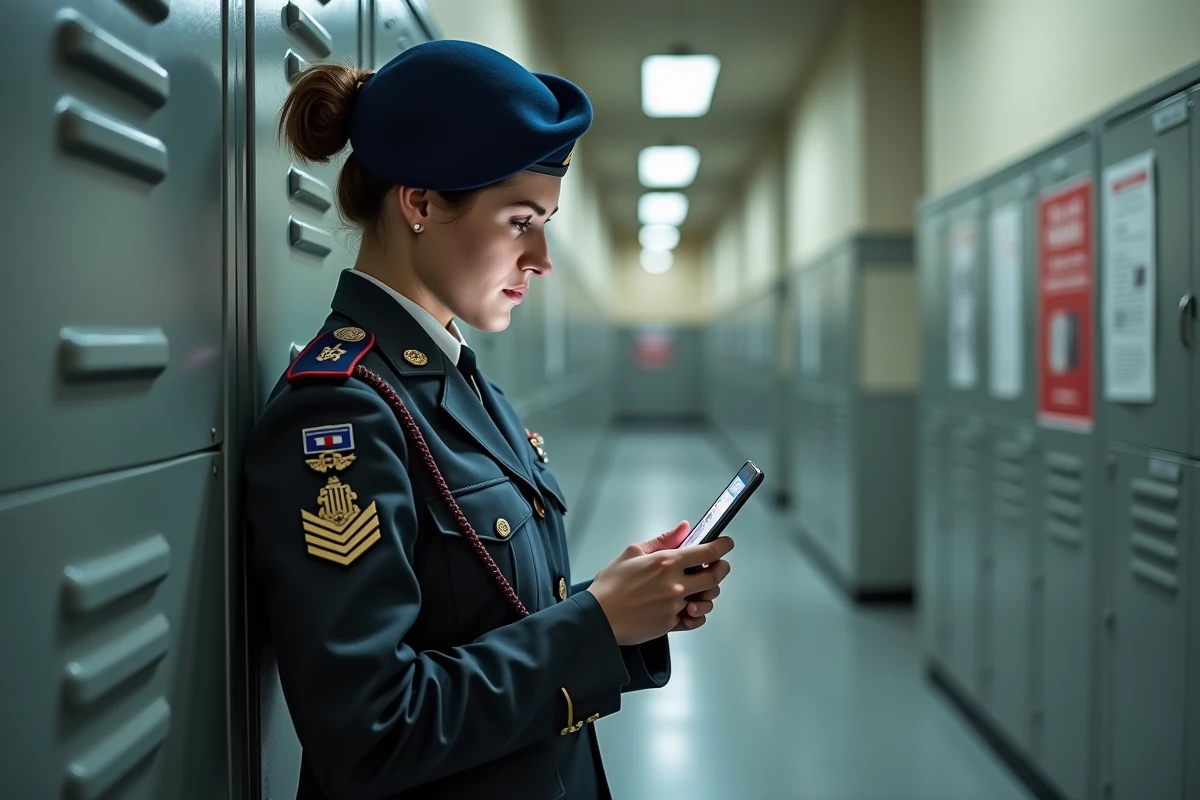 Militaire française d'active en uniforme de service consultant des informations militaires sur smartphone dans un couloir de caserne