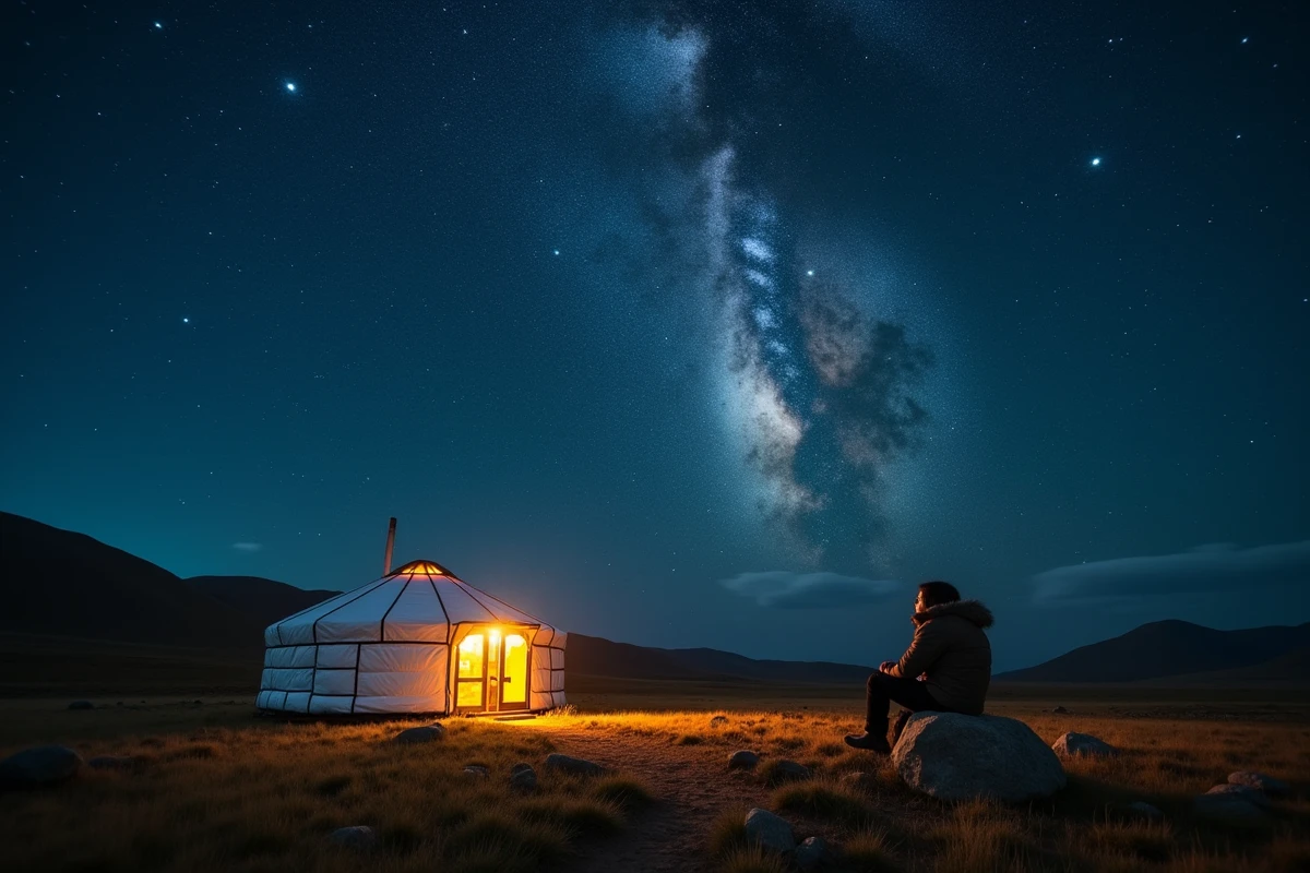 Yourte mongole éclairée de l'intérieur sous un ciel étoilé dans la steppe illustrant la Mongolie et ses vastes espaces