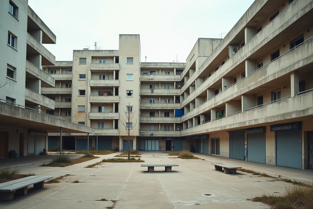 Complexe de logements sociaux de La Mosson &agrave; Montpellier avec galerie commerciale aux devantures ferm&eacute;es
