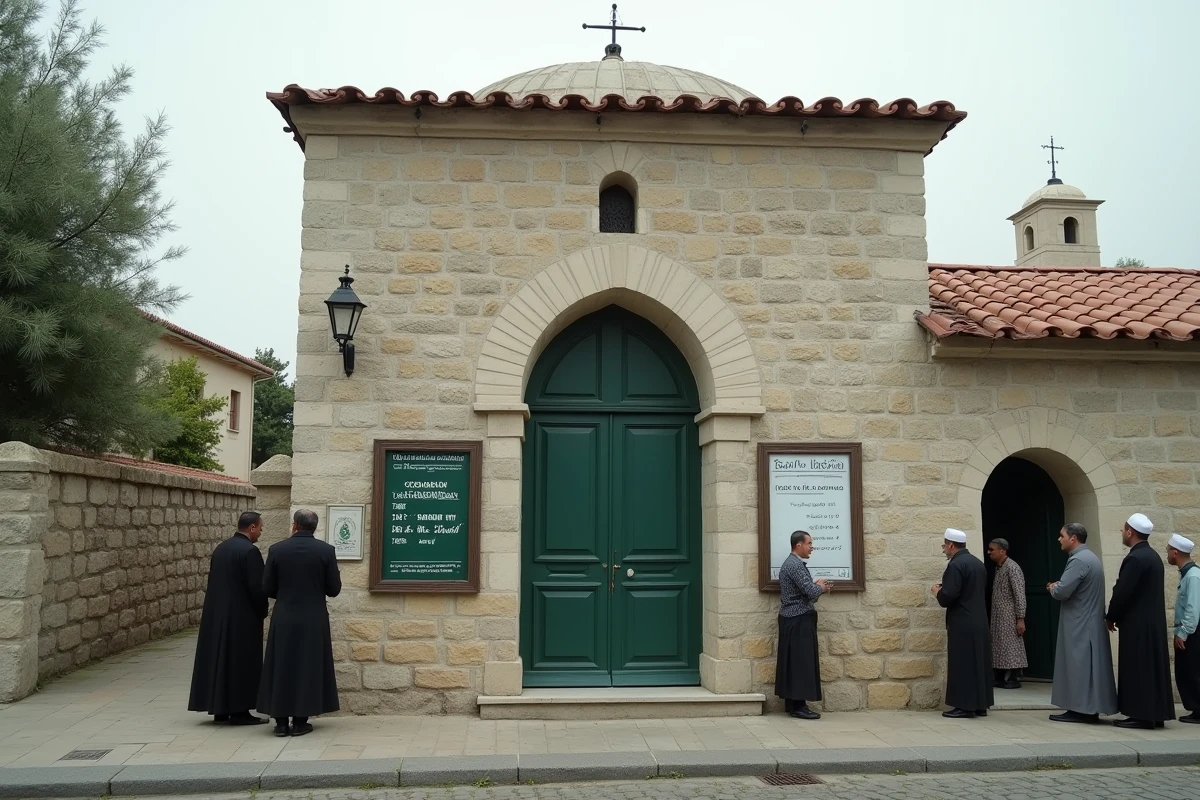 Fa&ccedil;ade d'une mosqu&eacute;e de quartier &agrave; Agen avec tableau des horaires de pri&egrave;res affich&eacute; &agrave; l'entr&eacute;e