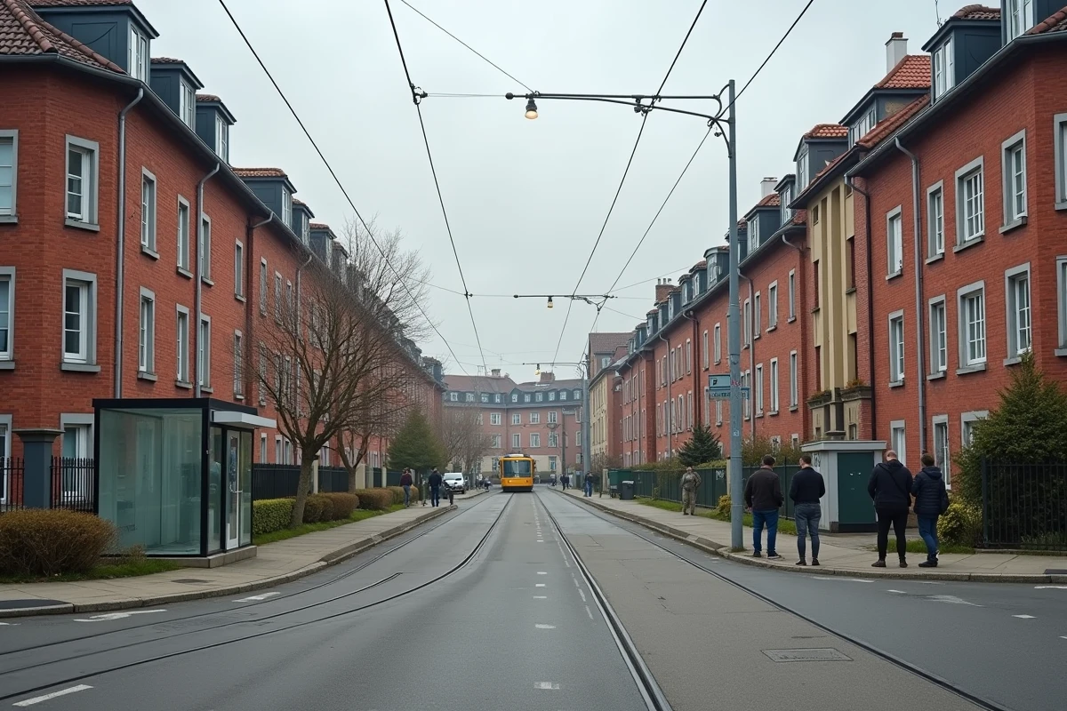 Quartier Bourtzwiller &agrave; Mulhouse avec immeubles en brique d&eacute;fra&icirc;chis et ligne de tramway traversant l'art&egrave;re principale