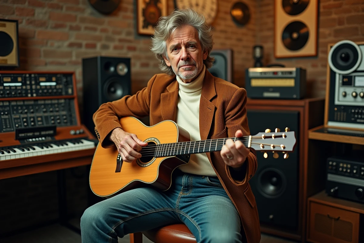 Musicien rock britannique des années 70 assis dans un studio d'enregistrement vintage avec guitare acoustique et matériel analogique