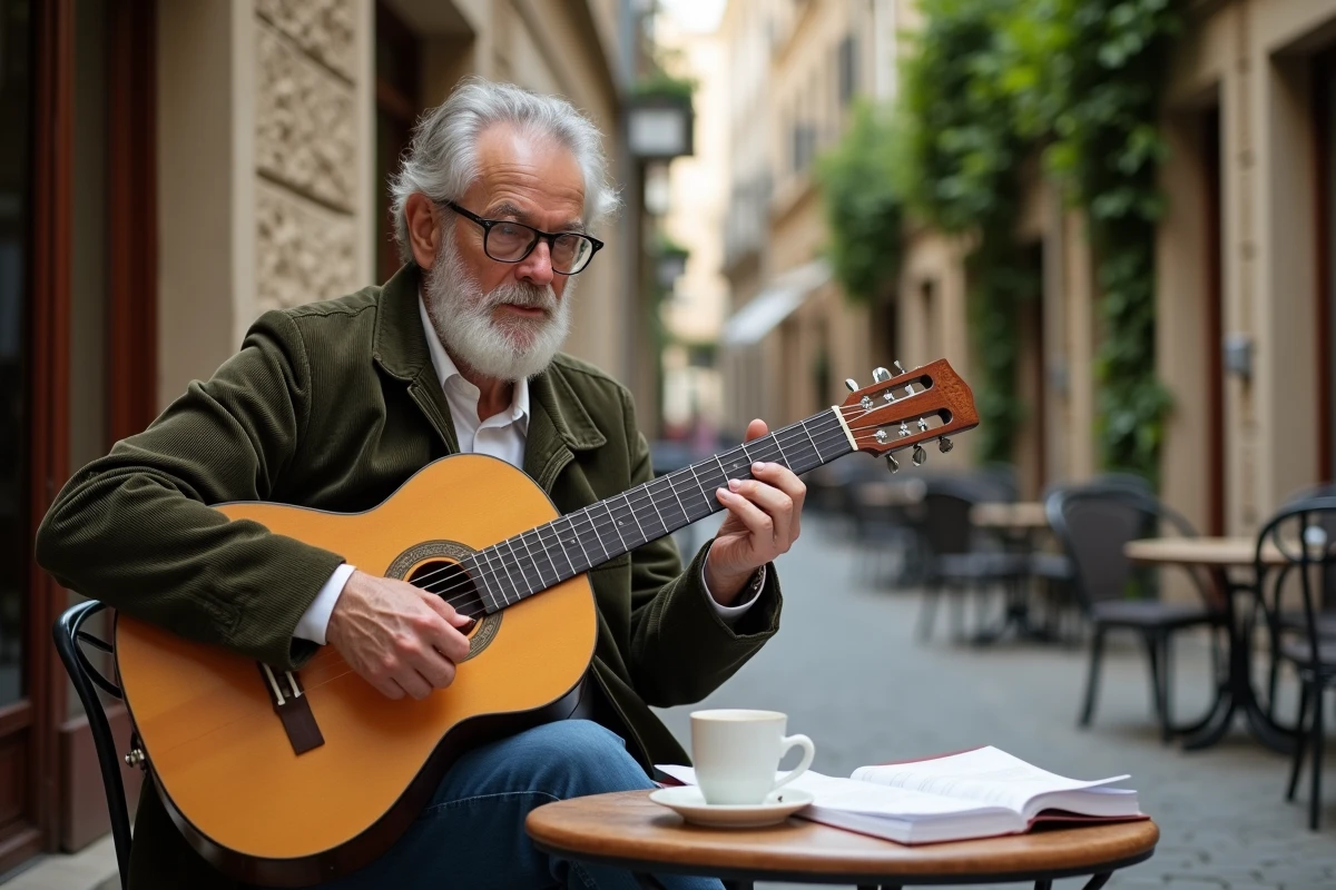 Musicien jouant des arp&egrave;ges de Mistral Gagnant &agrave; la guitare classique en terrasse de caf&eacute;