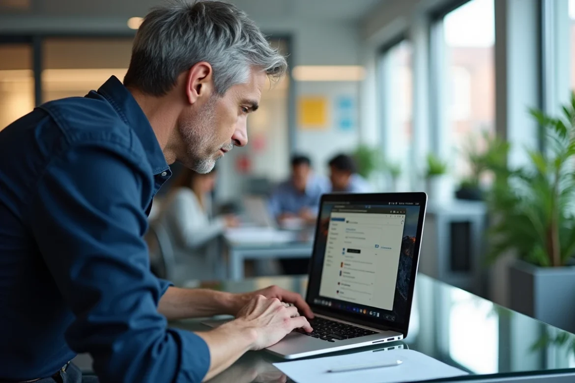 Homme en bureau d'entreprise gérant le cache et le stockage de son MacBook Air sur macOS