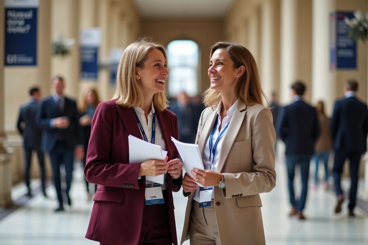 Deux notaires internationales en discussion dans le couloir de networking du Congr&egrave;s UINL Paris avec badges et programmes officiels