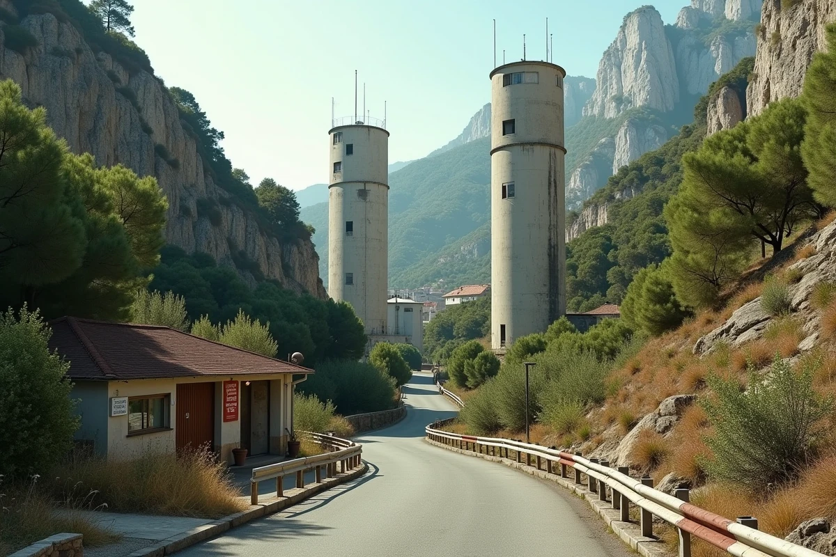 Cit&eacute; de l'Ariane &agrave; Nice enclav&eacute;e dans un vallon avec tours en b&eacute;ton entour&eacute;es de v&eacute;g&eacute;tation m&eacute;diterran&eacute;enne et falaises calcaires
