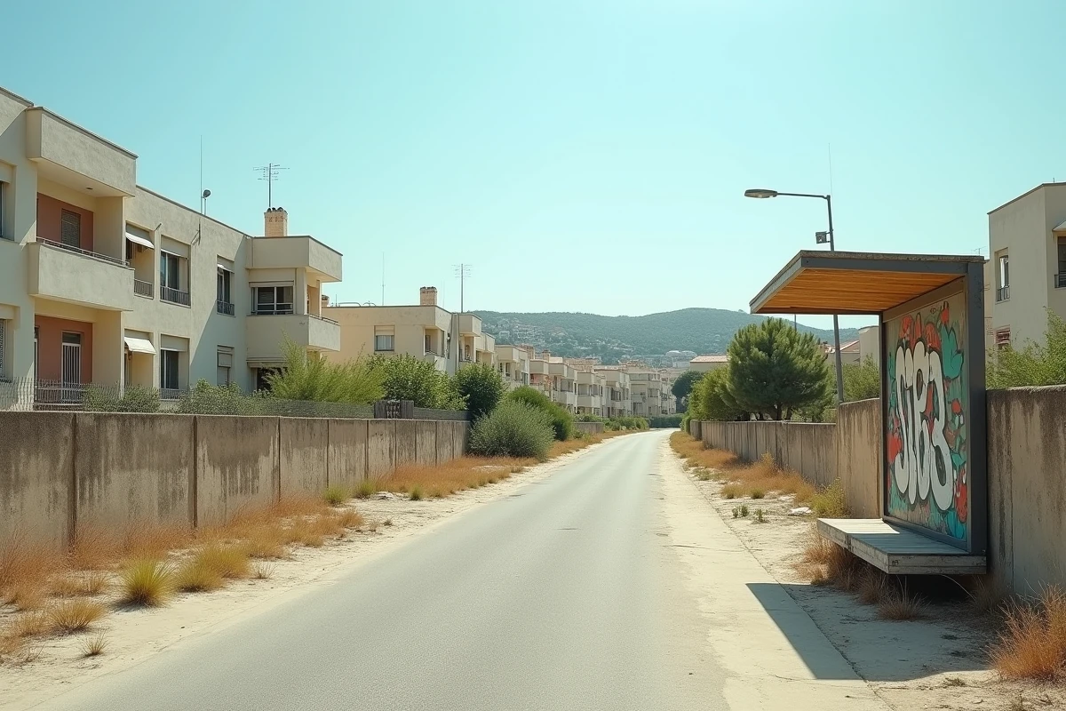 Quartiers sud de N&icirc;mes avec blocs d'habitations des ann&eacute;es 1970 et terrains vagues envahis par la v&eacute;g&eacute;tation