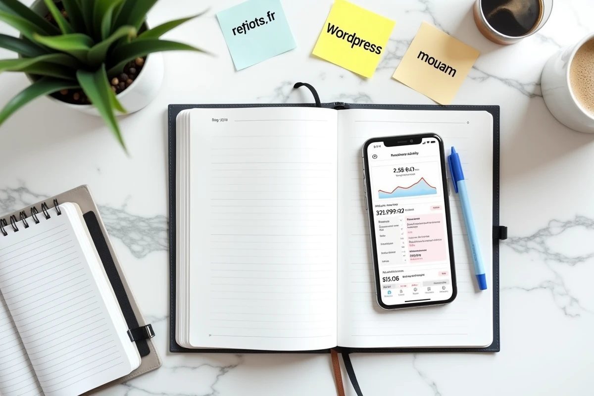Vue de dessus d'un bureau avec notes manuscrites et smartphone comparant des plateformes de blog fran&ccedil;aises en 2026