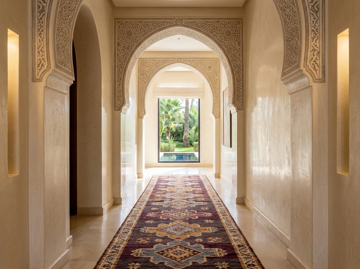 Couloir intérieur raffiné de l'Oberoi Marrakech avec arches peintes à la main, murs en tadelakt et tapis berbère traditionnel sur sol en calcaire poli