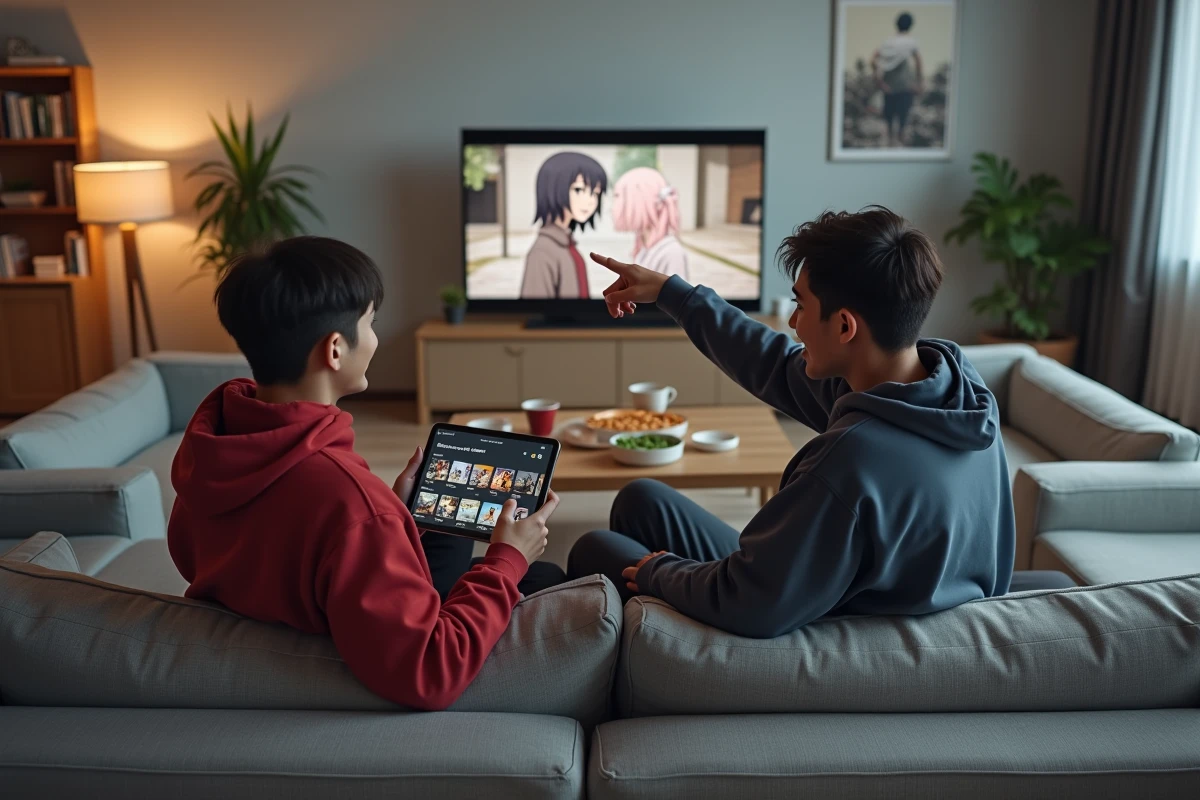 Deux amis passionnés d'anime discutant de l'ordre de visionnage de Fairy Tail avant 100 Years Quest sur une tablette dans un salon