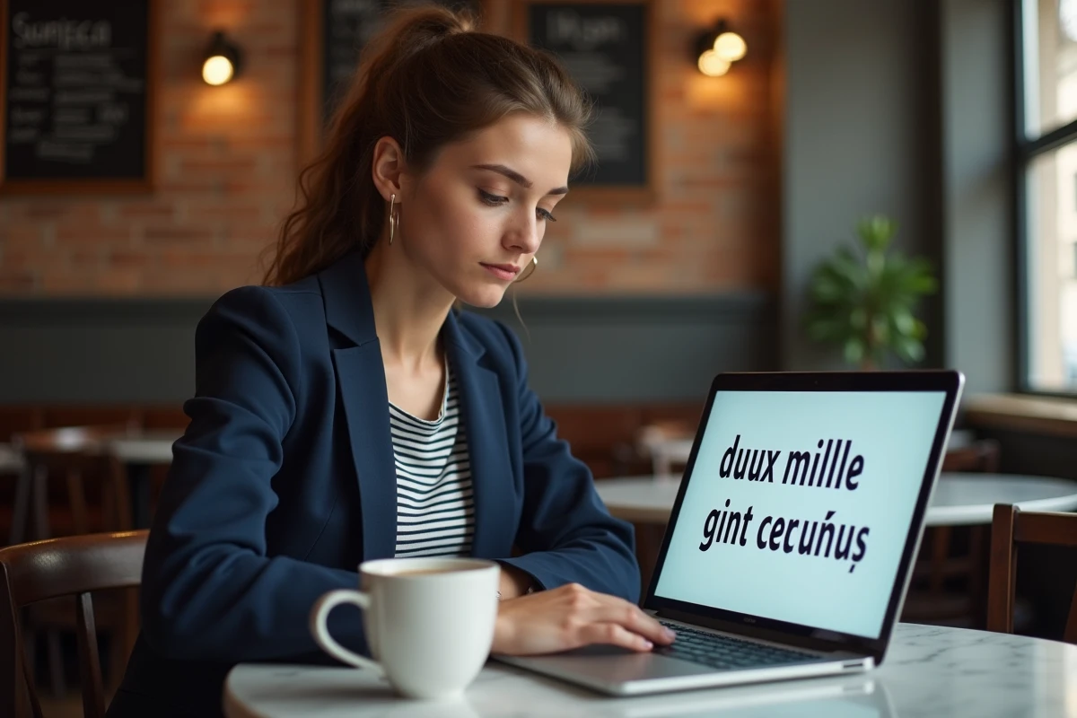 Jeune femme v&eacute;rifiant l'orthographe de deux mille cinq cents euros sur son ordinateur portable dans un caf&eacute;