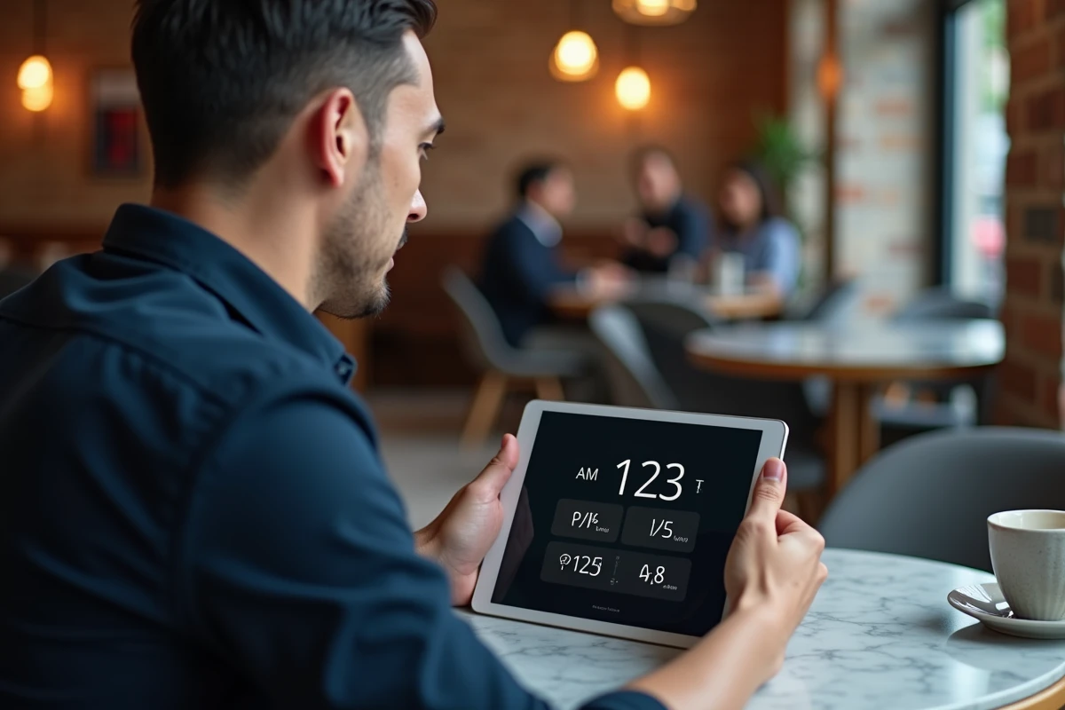 Homme utilisant une tablette dans un café pour convertir automatiquement des heures AM PM en heures sur 24h