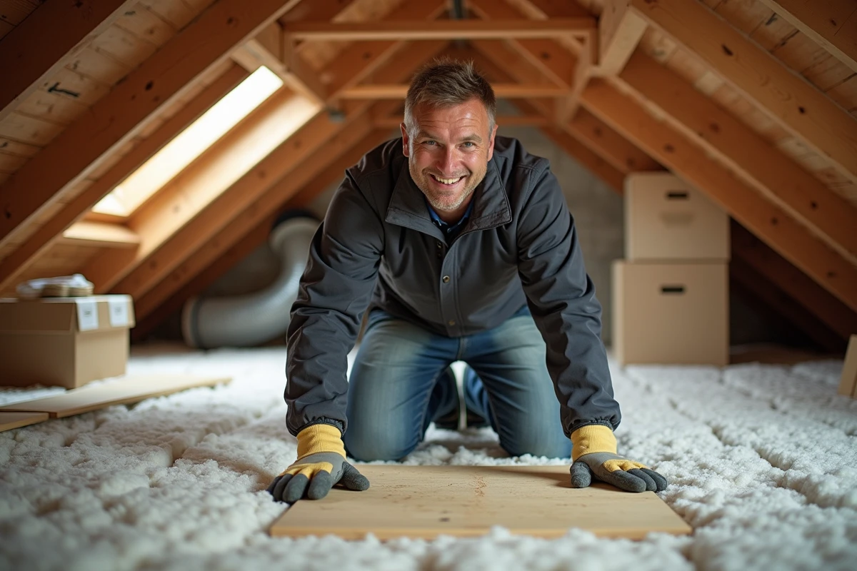 Ouvrier en isolation dans un grenier en construction