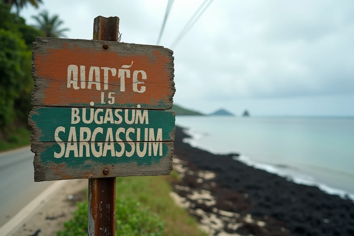 Panneau d'avertissement sur les risques sanitaires des algues sargasses posté sur une plage déserte de Guadeloupe couverte de végétaux en décomposition