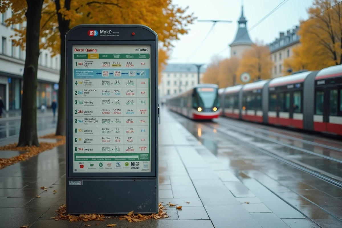 Panneau d'horaires et de lignes de tram affich&eacute; &agrave; un arr&ecirc;t de tramway de Nantes avec les plages horaires matin et soir