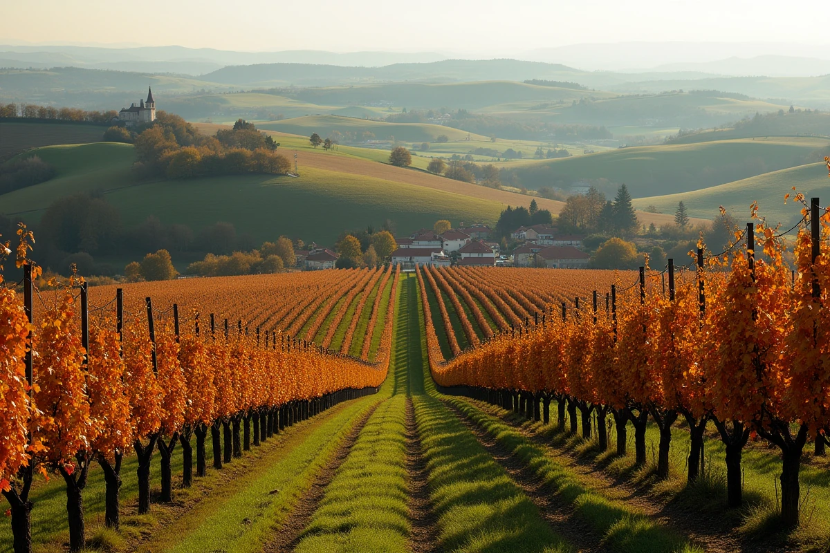 Panorama des vignobles d'Armagnac en automne dans les collines du Gers avec village gascon en arri&egrave;re-plan