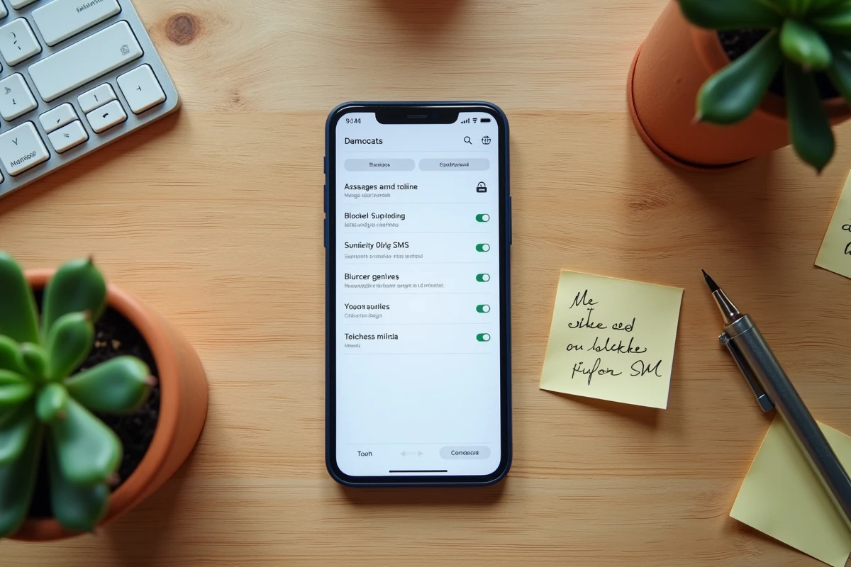 Vue aérienne d'un smartphone Android affichant la liste des contacts bloqués dans les paramètres SMS