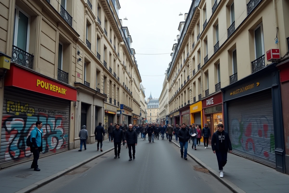 Rue du nord-est parisien m&ecirc;lant immeubles haussmanniens, logements sociaux ins&eacute;r&eacute;s, graffitis et commerce populaire anim&eacute;
