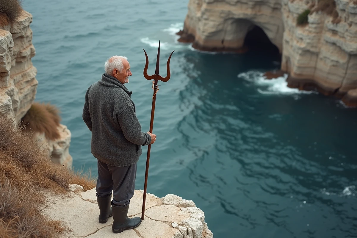 P&ecirc;cheur grec &acirc;g&eacute; tenant un trident debout au bord d'une falaise calcaire surplombant une mer agit&eacute;e en Gr&egrave;ce