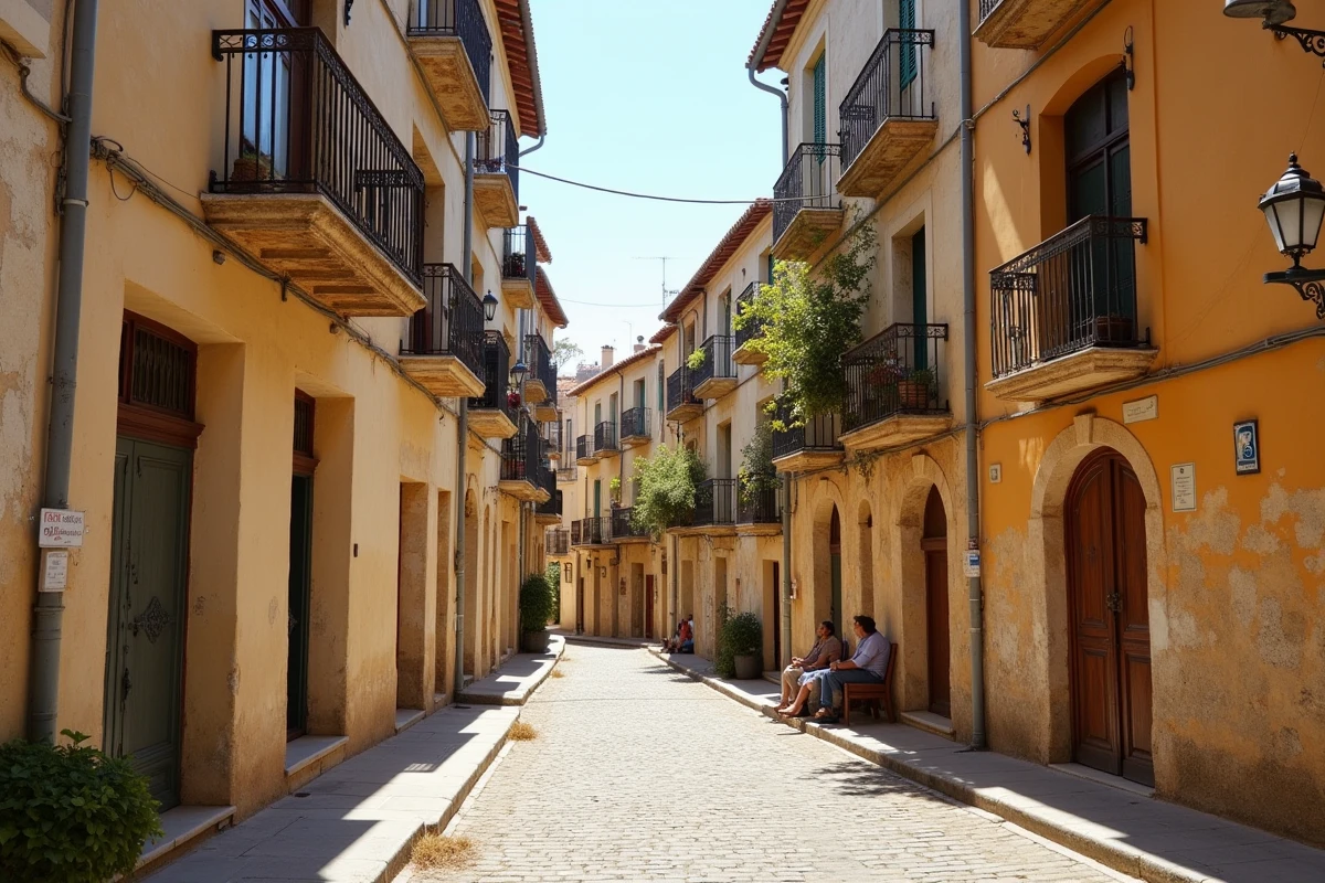 Ruelles m&eacute;di&eacute;vales &eacute;troites du quartier Saint-Jacques &agrave; Perpignan avec fa&ccedil;ades en pl&acirc;tre &eacute;caill&eacute; et balcons rouill&eacute;s