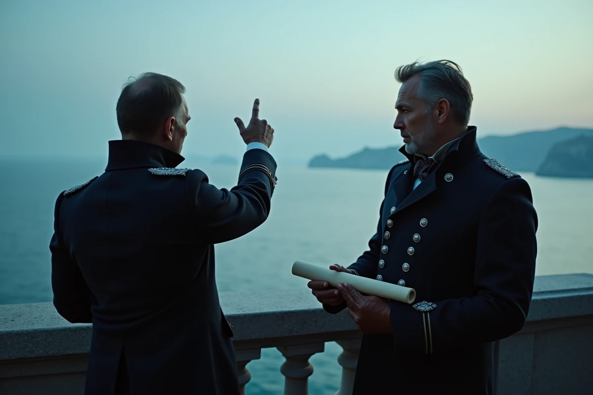 Deux hommes en manteaux militaires sombres sur un balcon de pierre contemplant l'oc&eacute;an, illustrant les enjeux strat&eacute;giques et l'influence de Saint Garling Figarland sur la saga finale de One Piece