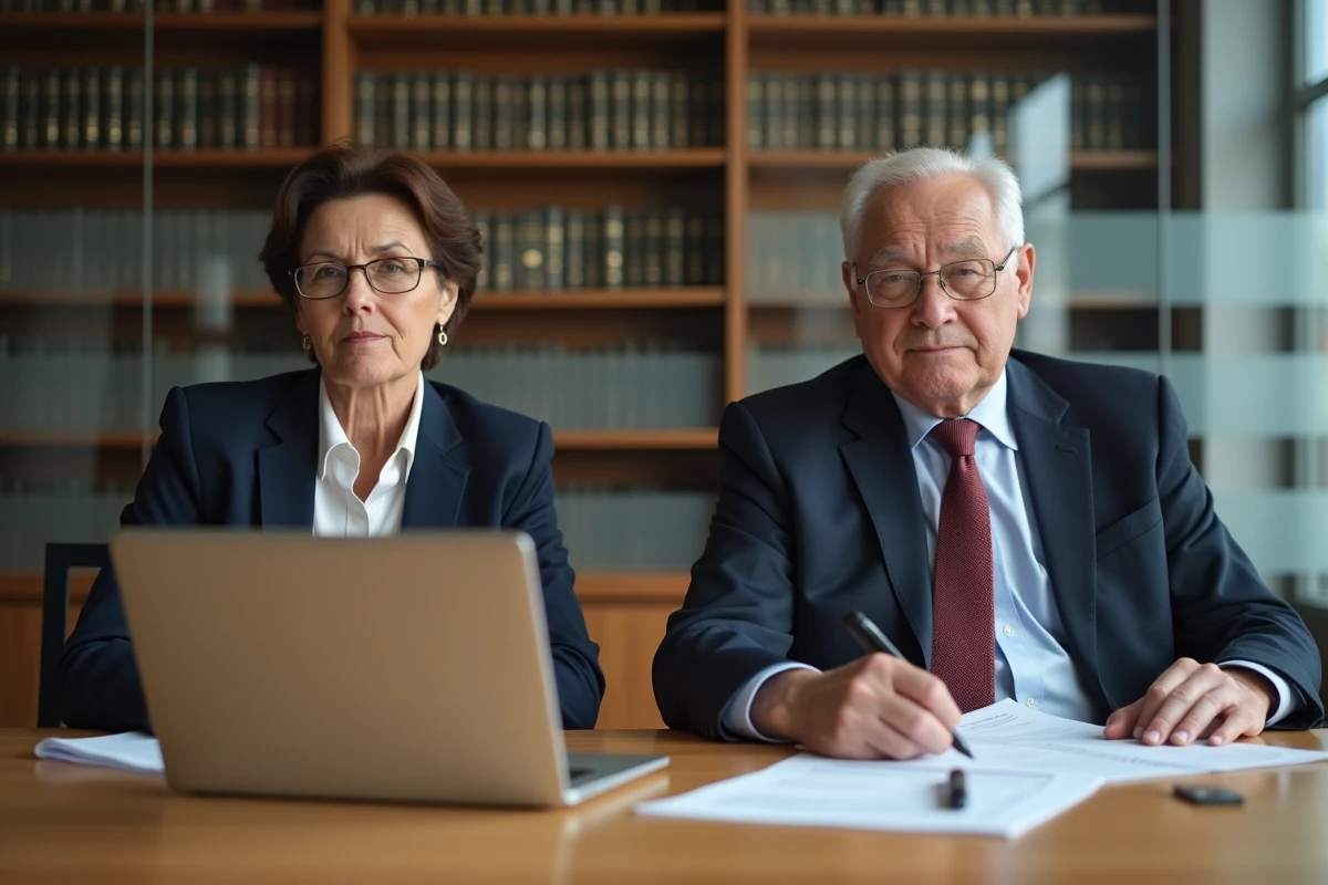 Couple de personnalit&eacute;s publiques discutant de leur proc&eacute;dure judiciaire contre des photographes paparazzi dans un bureau formel