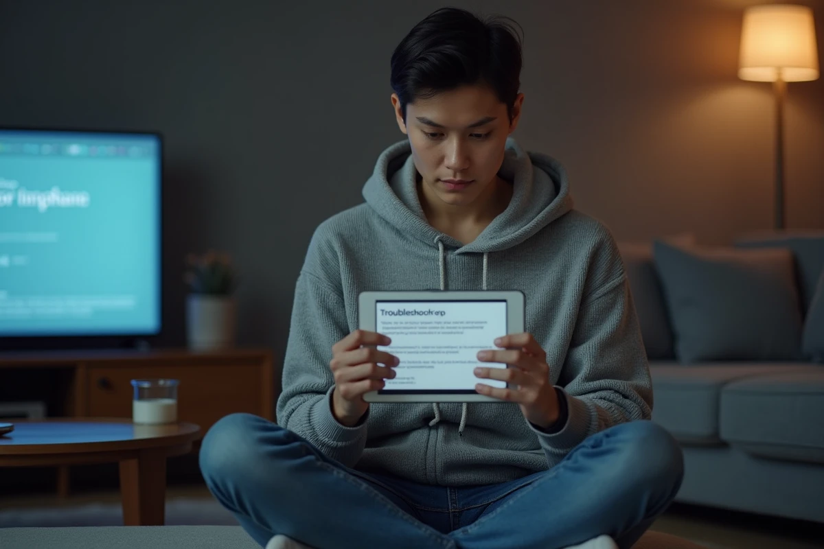 Personne recherchant une solution &agrave; un probl&egrave;me de connexion sur une tablette dans son salon