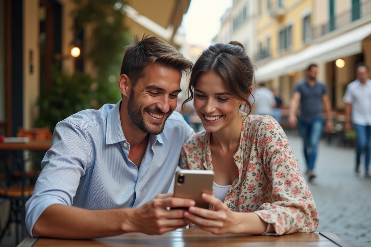 Deux personnes trans comparant des profils sur une application de rencontre mobile en terrasse de caf&eacute;