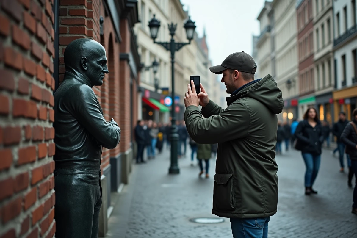 Touriste essayant de photographier le Manneken Pis avec son smartphone, illustrant la difficulté de prendre une bonne photo de la statue à Bruxelles