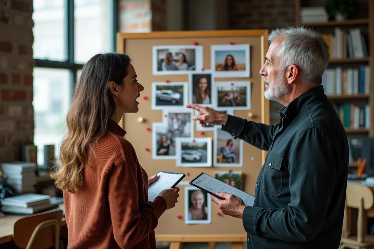 Deux photographes discutant d'une s&eacute;quence narrative devant un tableau de direction artistique couvert de tirages et de notes dans un bureau &eacute;ditorial