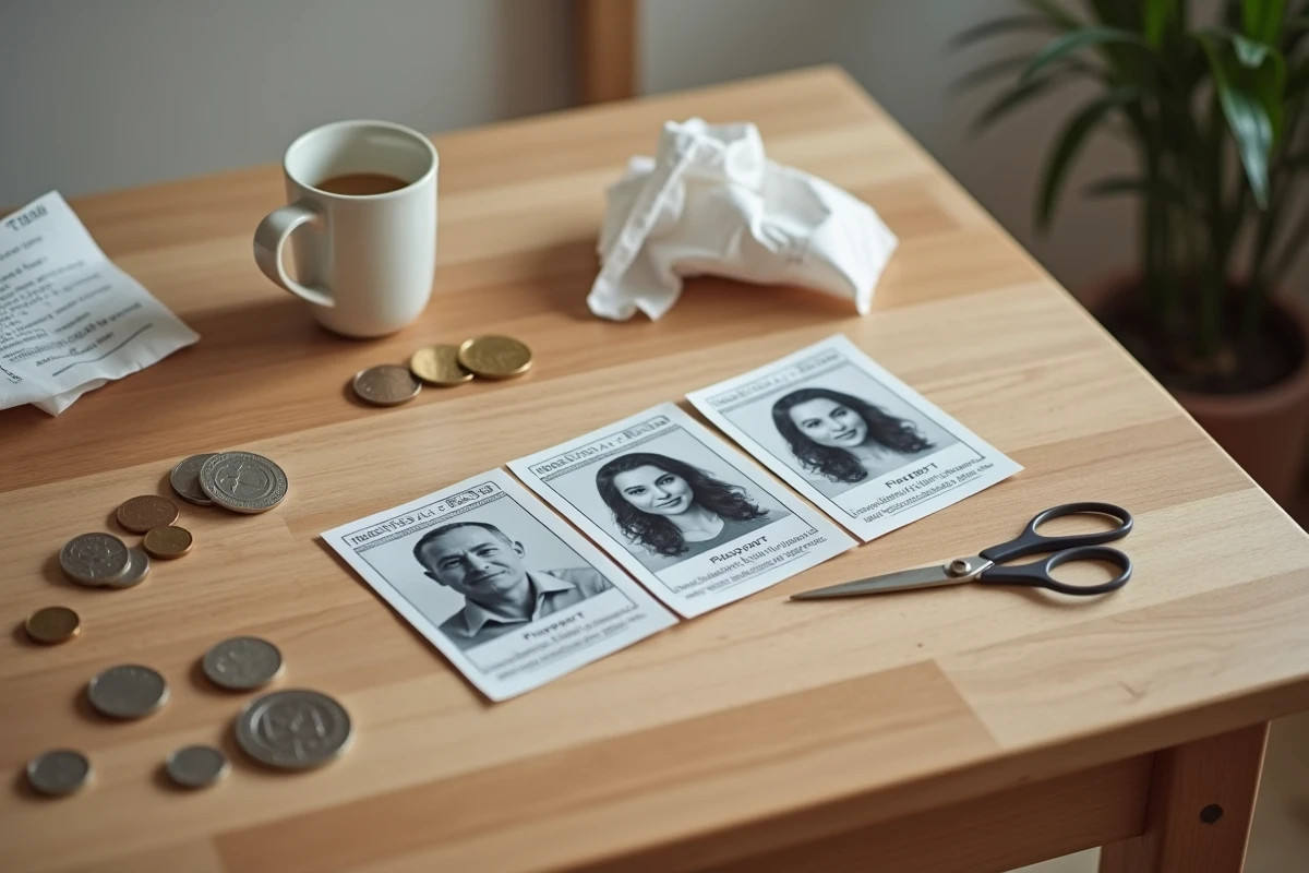 Quatre photos d'identit&eacute; imprim&eacute;es par photomaton pos&eacute;es sur une table avec un re&ccedil;u et des pi&egrave;ces de monnaie