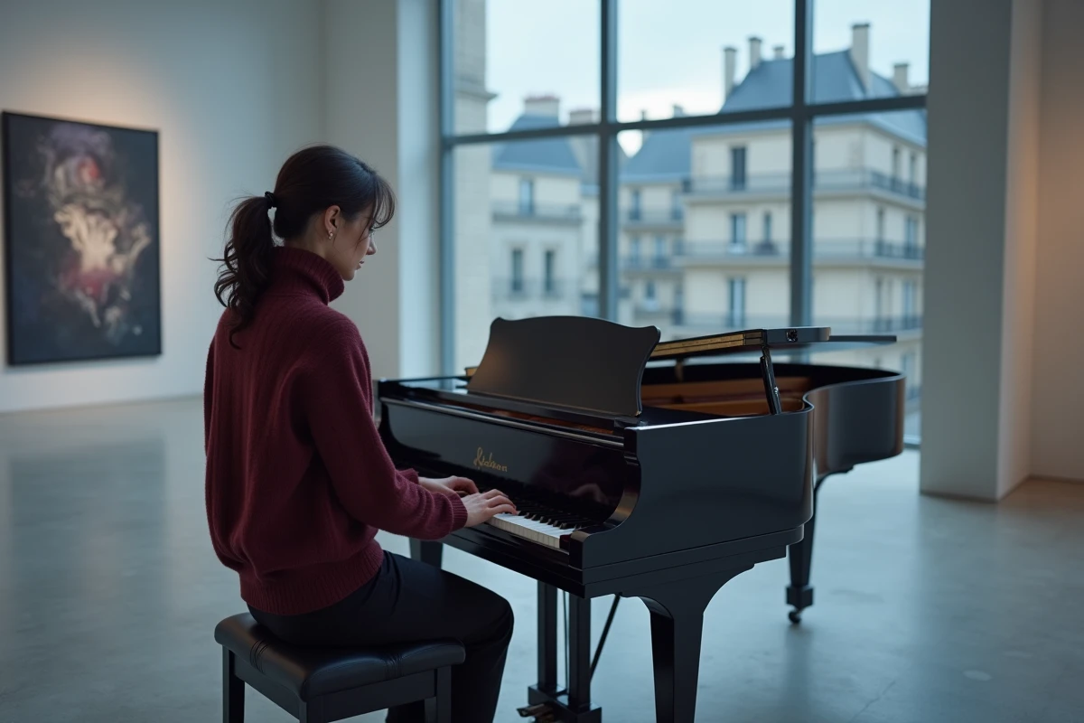 Pianiste française debout près d'un piano à queue dans une galerie d'art contemporain de Paris avant un récital privé