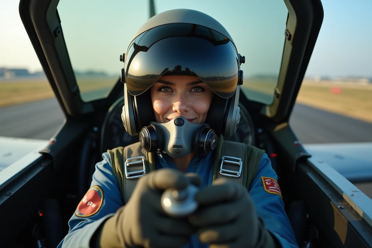 Pilote f&eacute;minine en casque de vol dans le cockpit d'un chasseur militaire, illustration cin&eacute;matique Top Gun 3