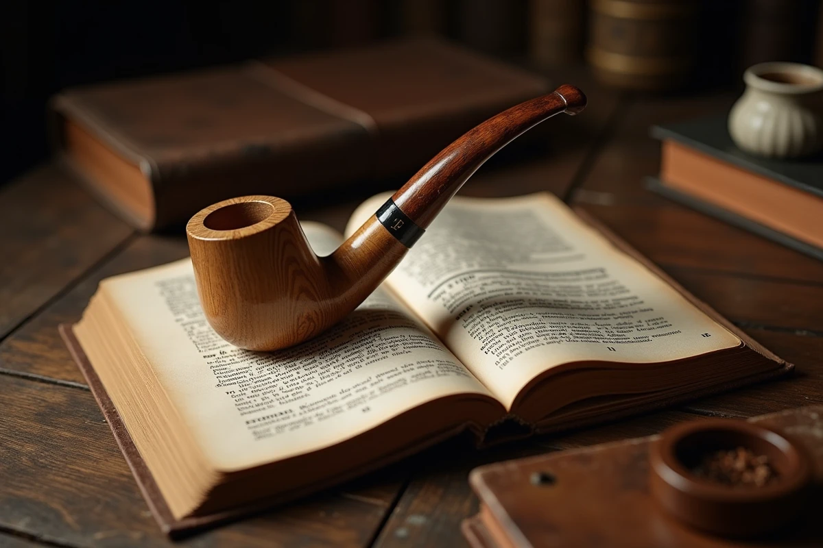 Pipe en bois pos&eacute;e sur un dictionnaire vintage ouvert, &eacute;voquant le concept philosophique de repr&eacute;sentation de Magritte