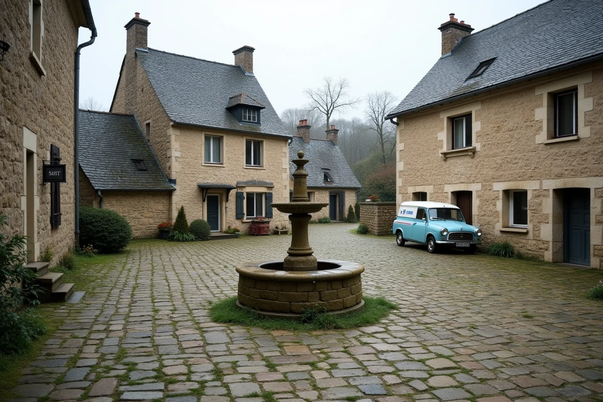 Place du village de Saint-Goussaud avec ses maisons en pierre du Limousin, ses toits en ardoise et sa fontaine en pierre au centre du bourg