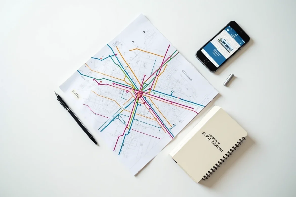 Plan imprim&eacute; du r&eacute;seau de tramway de Bordeaux pos&eacute; sur un bureau avec smartphone et notes manuscrites