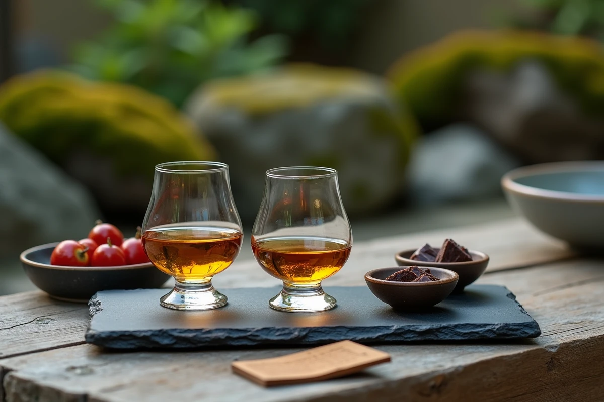 Plateau de d&eacute;gustation de whisky japonais avec verres ambr&eacute;s, chocolat noir et fruits secs sur une ardoise