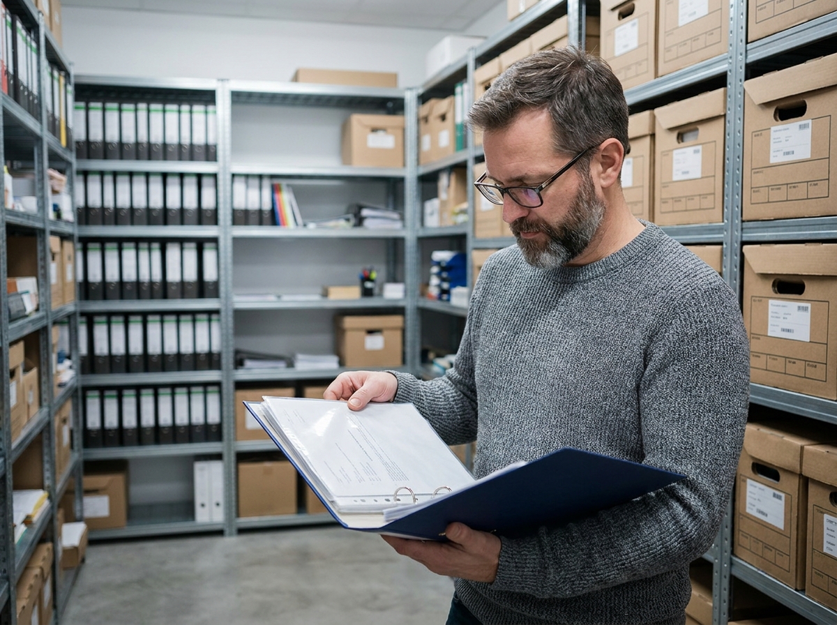 Homme consultant un classeur avec des pochettes plastiques perforées dans une salle de stockage professionnelle