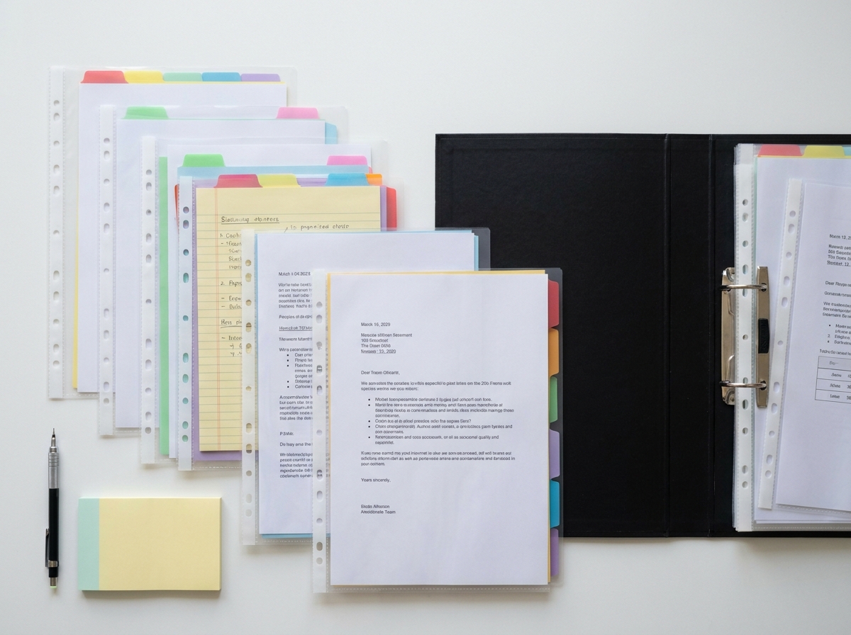 Vue à plat de pochettes plastiques perforées remplies de documents colorés sur un bureau blanc