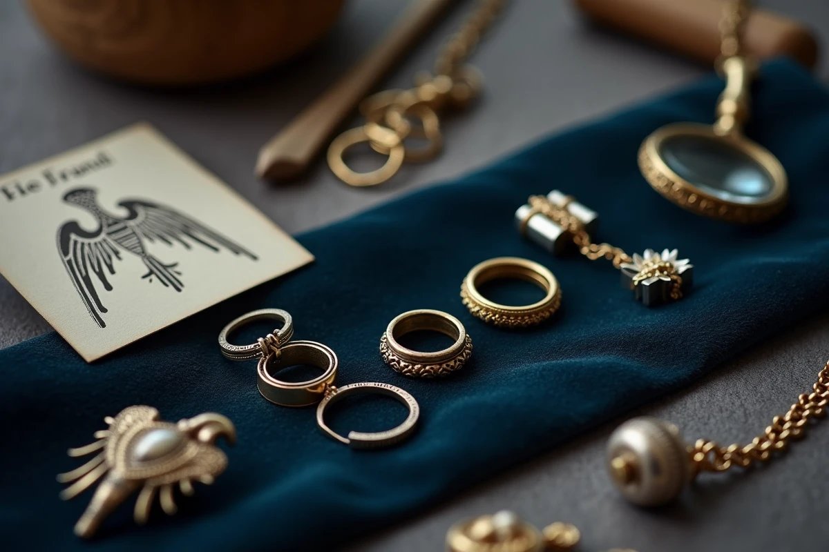 Bijoux d'occasion en or et argent avec poinçons visibles disposés sur du velours bleu marine pour estimation
