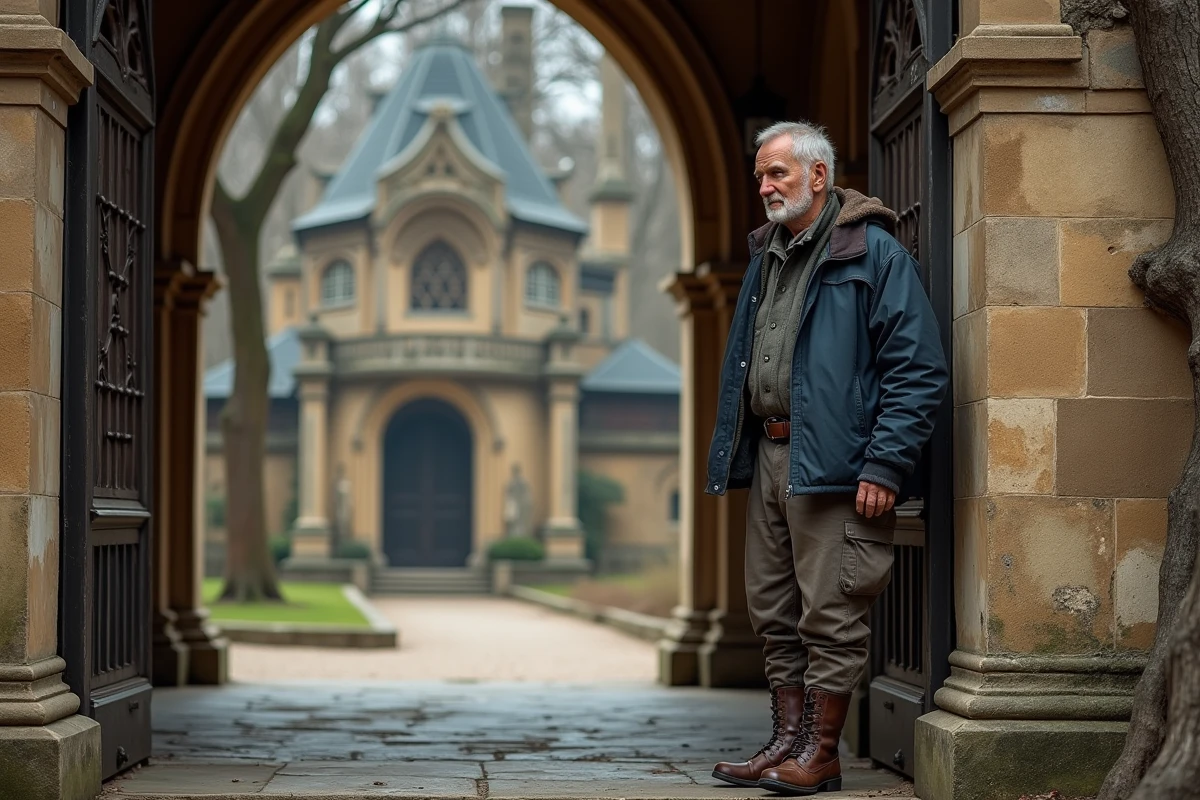 Homme en tenue de facteur contemplant l'entr&eacute;e du Palais Id&eacute;al du Facteur Cheval, &eacute;voquant Ferdinand Cheval et son &oelig;uvre architecturale unique construite sur 33 ans