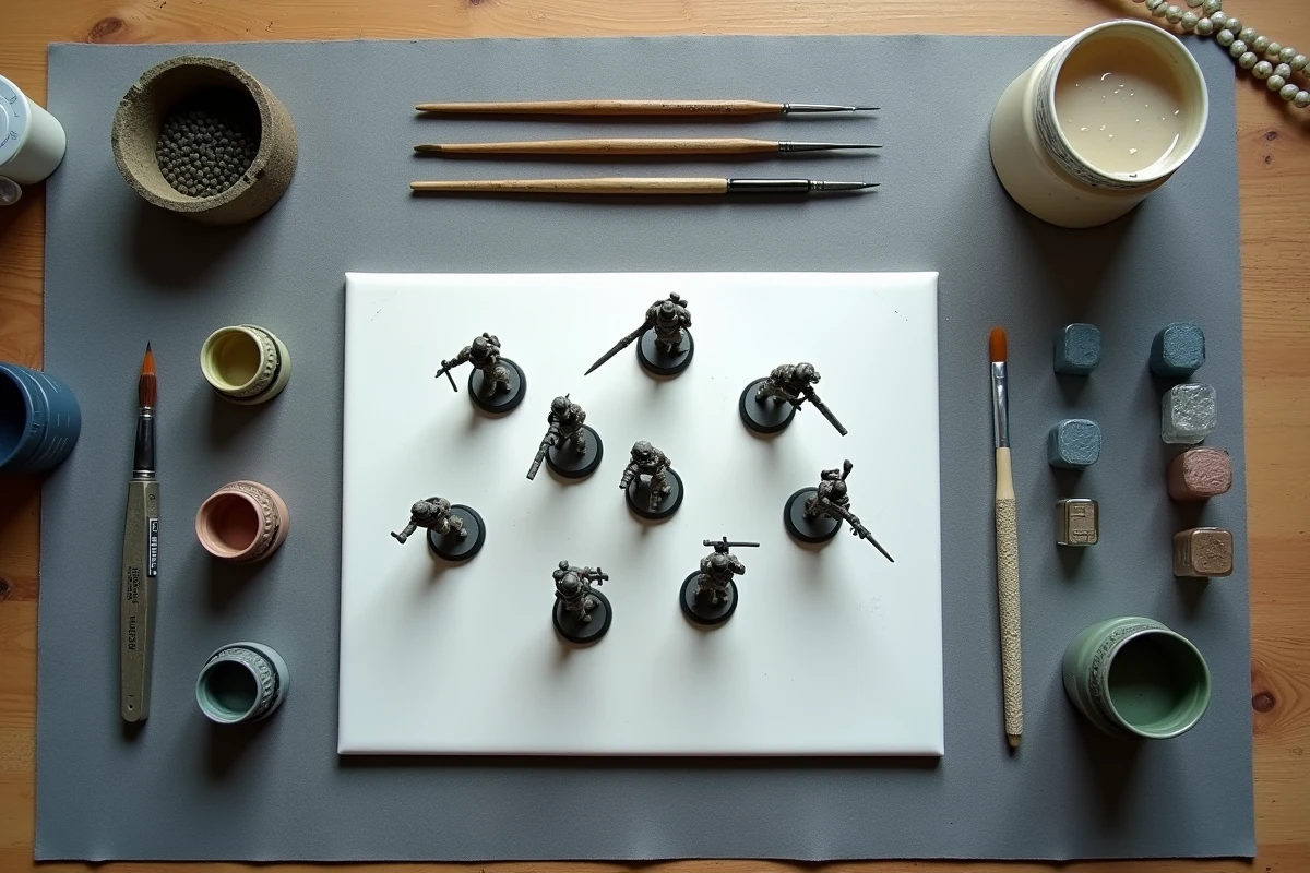 Vue aérienne d'un poste de peinture Warhammer organisé avec figurines, pinceaux et pots de peinture acrylique