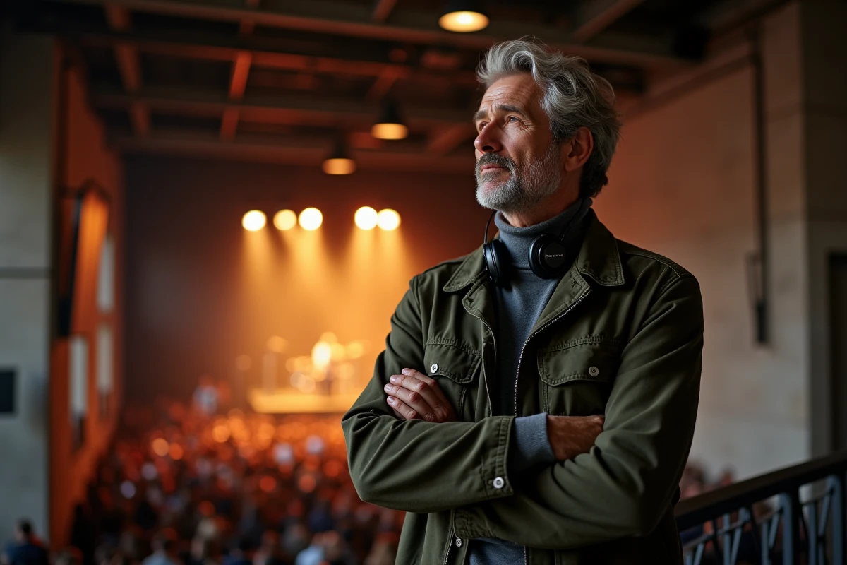 Producteur Vladimir Boudnikoff observant les coulisses d'un concert avec des moniteurs intra-auriculaires, attitude discr&egrave;te et professionnelle