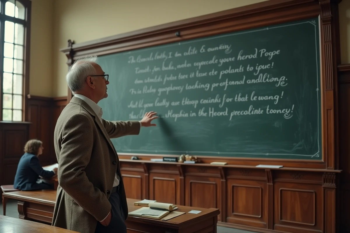 Professeur d'université expliquant les poèmes d'Alexander Pope devant un tableau noir couvert de vers littéraires dans un amphi classique
