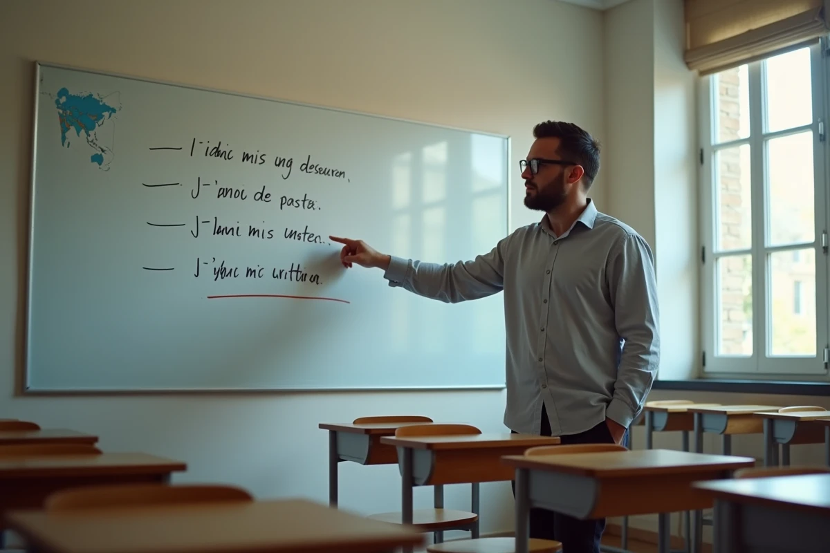 Professeur de français expliquant la conjugaison du verbe mettre au passé composé devant un tableau blanc en salle de classe