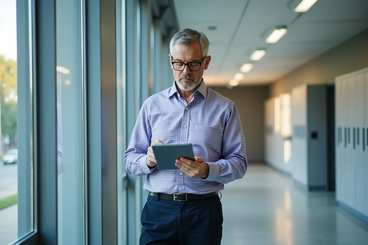Professeur consultant ses emails professionnels sur une tablette dans un couloir de lycée