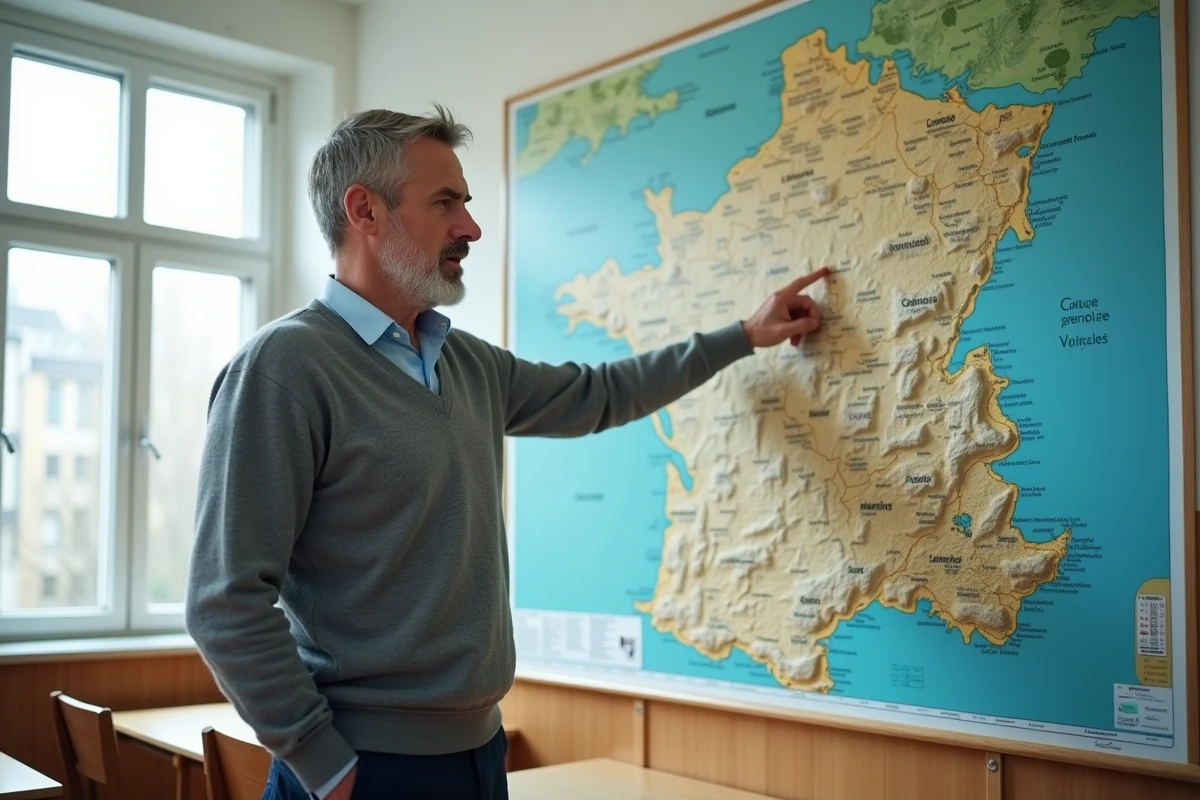 Professeur de g&eacute;ographie expliquant la superficie et les d&eacute;partements de la Normandie devant une carte murale en classe