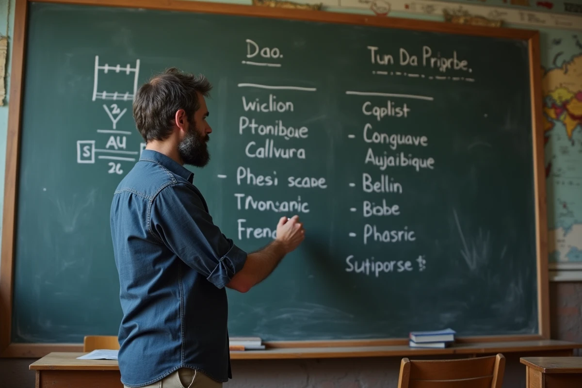 Professeur écrivant des mots intraduisibles au tableau noir avec un pendu dessiné dans une salle de classe