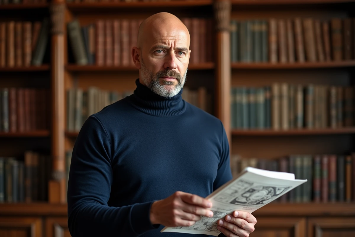 Professeur Xavier en pull col roulé marine étudiant des plans tactiques dans une bibliothèque en bois ancienne, expression analytique et concentrée